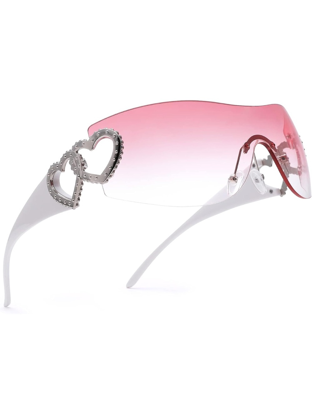 White & Pink Heart Accent Shield Sunglasses